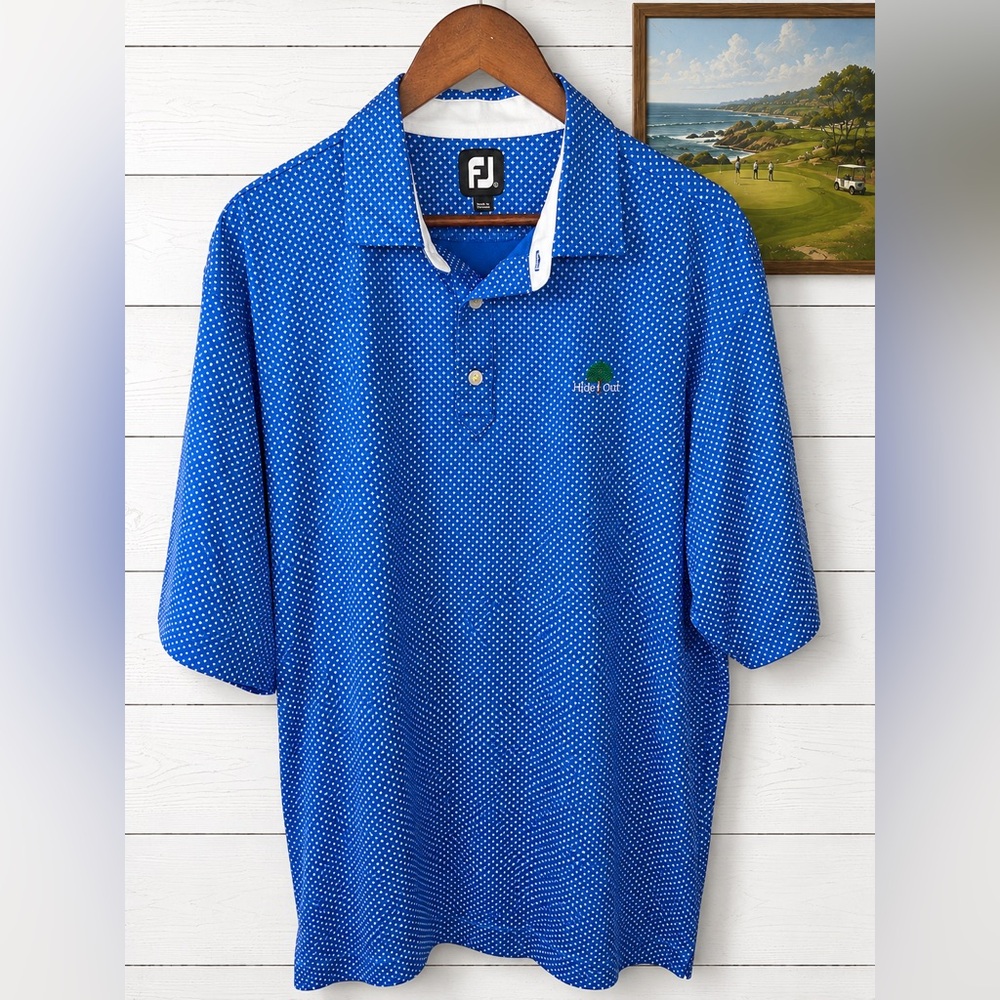 FootJoy x Hideout Men’s XL Royal Blue Cross-Hatch Golf Textured Gold Polo